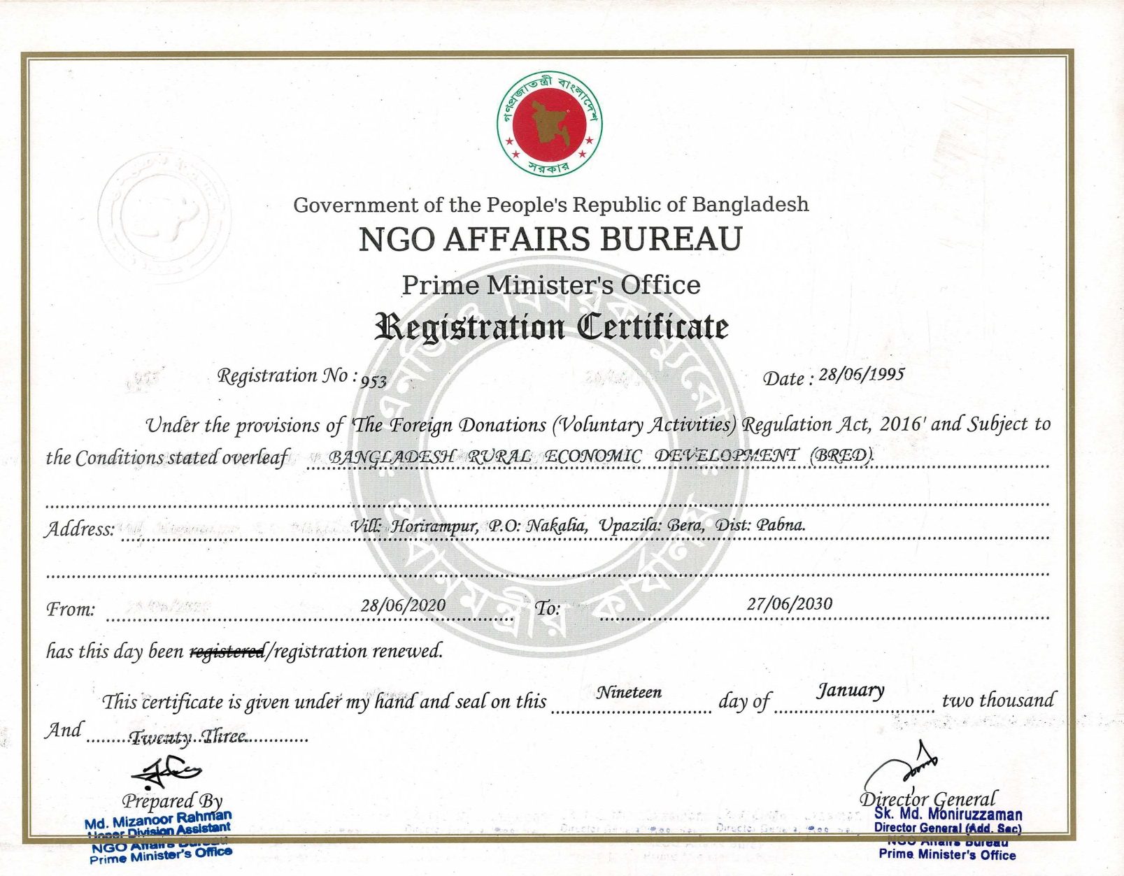 BRED NGO Affairs Bureau registration certificate